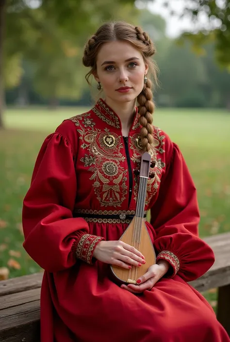 
 woman in a red dress sits on a bench with a wooden bench,  traditional russia, Slavic style, Russian costume,  Russian clothes ,  Traditional costume , traditional clothing, traditional clothing, traditional dress, Anna Nikonova,  Ukrainian national clot...