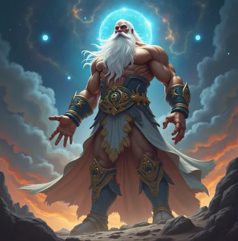 Muscular white-bearded god in the universe with eclipses and planets in the background