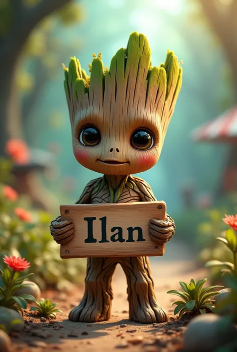 Groot mignon qui tient une pancarte "Ilan" écrit dessus