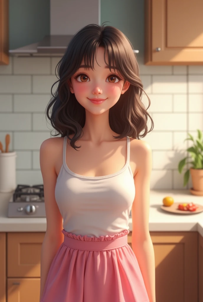 Realistic image of a girl in the kitchen smiling and wearing a casual pink skirt and top