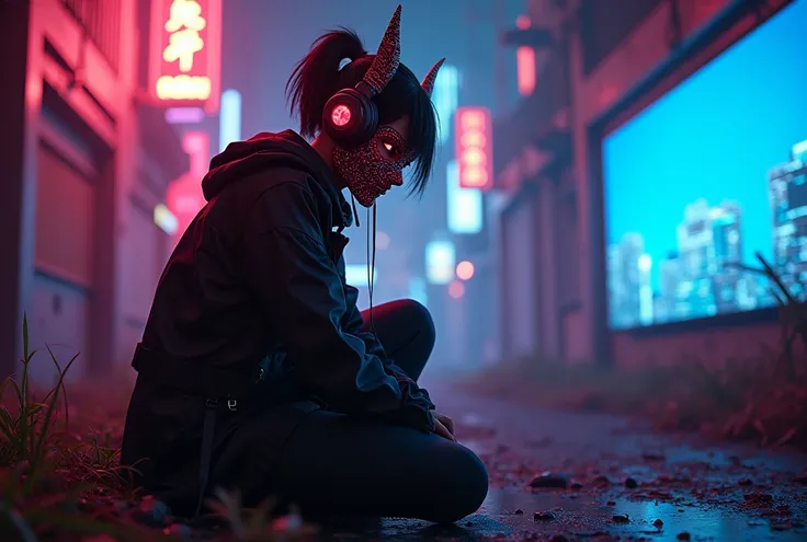 Design a striking cyberpunk-inspired image of a mysterious character, wearing an intricate Oni mask, immersed in the world of music through headphones. The dark background should be illuminated by vibrant cyberpunk neon lights, casting an otherworldly glow...