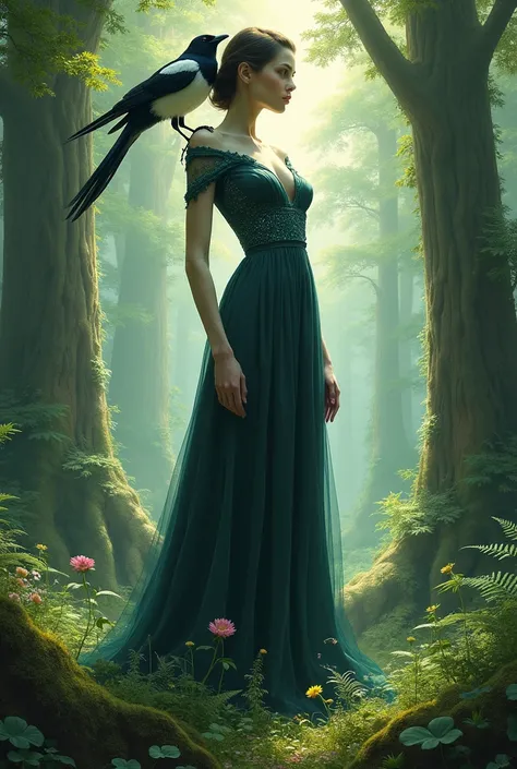 Giant girl with big magpie in the forest