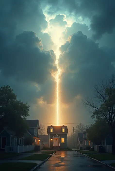  Create for me the image of a cloud opening and of that cloud coming out a light that illuminates a house on a street full of houses , Put a phrase saying in the hands of God  