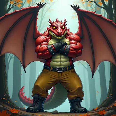  A huge red muscular winged crocodile furry jock with yellow glowing eyes without pupils in black metal bracelets, wearing black boots , wearing yellow jeans with arms crossed over his chest, standing against the backdrop of an autumn forest in a thick car...