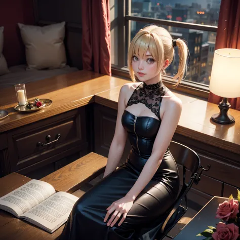 1girl, Misa Amane_(Death Note), holding a black note, black and white roses, ornament hair, twintails, black roses on her hair, blonde hair, long hair, seat on a bed, black dress, candles, lolita dress, gothic architecture, gothic design home, gothic style...