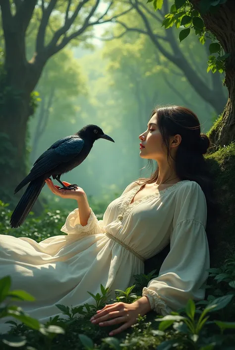 Giant girl lying down with big magpie in the forest
