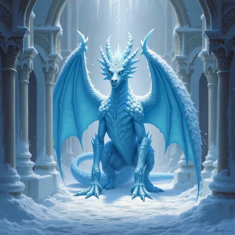 A drawing of an ice and crystal dragon in the center of a large, vast hall inside a snow and ice-covered castle in Middle-earth, painted in oil. It looks furious and is staring at us.