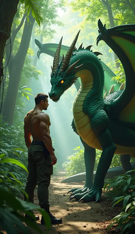 green and black dragon next to a muscular and strong military man in the jungle