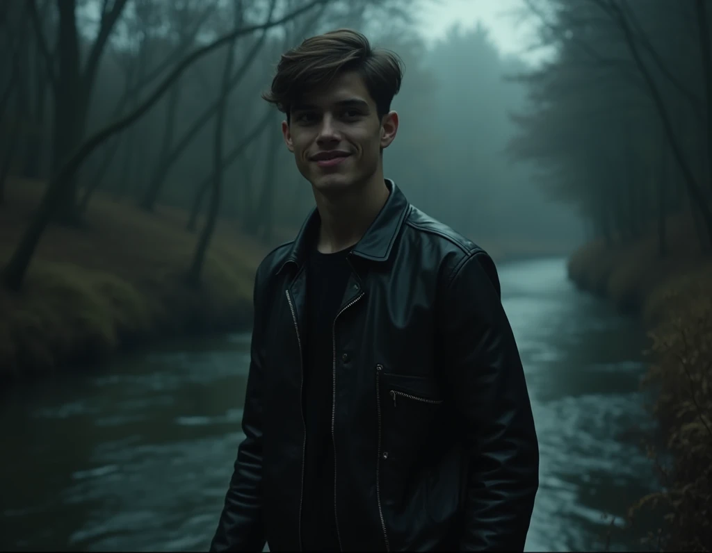 A film about young and suspense a beautiful 16-year-old athletic Italian high school boy is wearing black leather clothes, his eyes are intimidating, he smiles, his teeth are pointed and sharp like those of a preparatory shark on the bank of a river in a f...