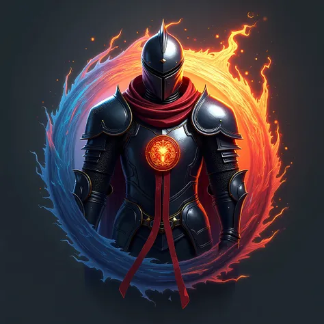  Professional video game logo shaped like a sticker, illuminated border  , In the design, a spiral of dark fire and water  , neutral and chaotic ,  in the center of the design, as the protagonist is a very shiny and polished black metallic Knight armor ,  ...