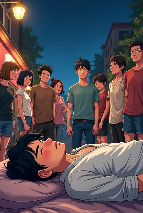 Anime image of a young drunk man sleeping with people around