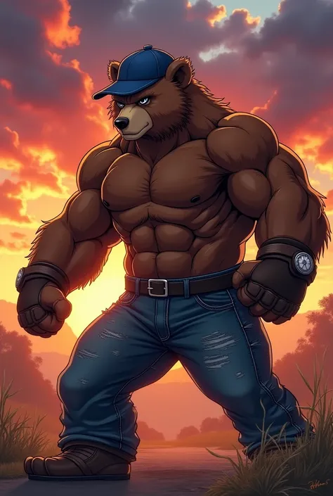 anime, Anthropomorphic coffee bear, muscular, jean azul,  leather gloves , blue cap, sunset