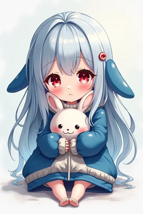 girl, anime, Funny, beautiful, tiny, Chibi, long haired,  light blue hair color , red eyes, dressed in a Shark jacket . 
 Cuddling a stuffed rabbit. 