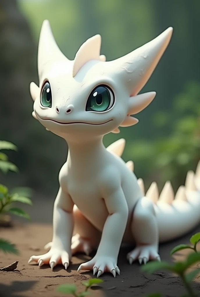  Pokemon shaped like a chameleon mostly mixed with the toothless dragon in the movies dd how to train your dragon. that it is white.  That the head and eyes have the sharp shape of a chameleon . More like a chameleon, But realistic