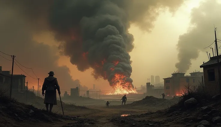  Consequences of human choices ": Overlapping war scenes ,  environmental destruction and suffering, In dramatic tones .