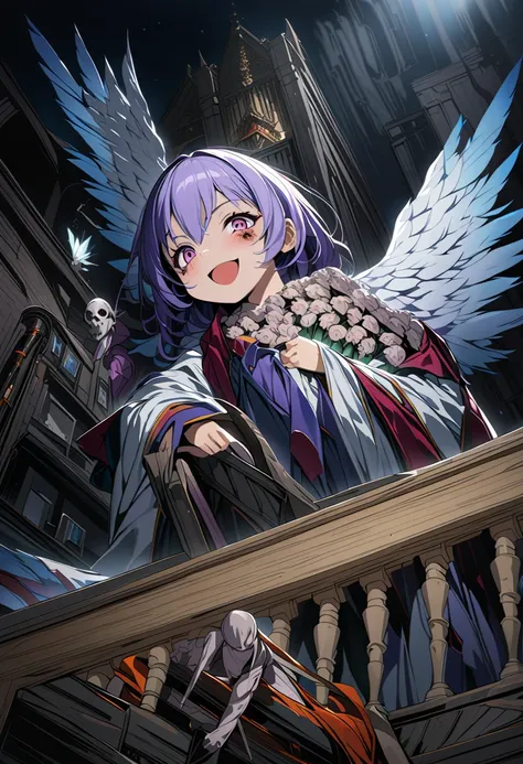 score_9,score_8_up,score_7_up,source_anime,rating_safety,masterpiece,best quality,hyper detailed,super fine illustration,8k,BREAK Piero,solo,angel wings,little smile,(dark,curse,horror:1.2),BREAK stairs,grey building,background,BREAK inspired by JOKER,1970...