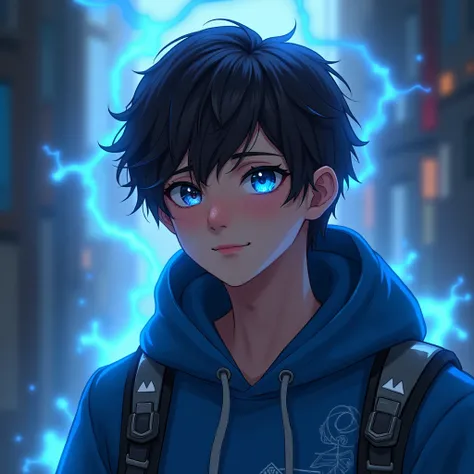  Young man 20 years old ,  dark brown semi-long hair ,  a brown eye and a blue eye with electricity (heterochromia).  blue sweatshirt with hood on and light armor shoulder straps and futuristic chest. gamer, fantasy, hyper realistic, UHD, digital art draw ...