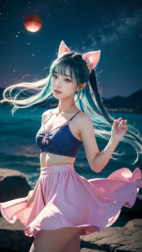 ① "A delightful moe reimagining of Zhu Bajie, exuding playful charm as she dances gracefully under a mystical sky. Her upper body features soft pig ears and a form-fitting tank top with a pastel pink hue, adorned with subtle floral patterns that give a nod...