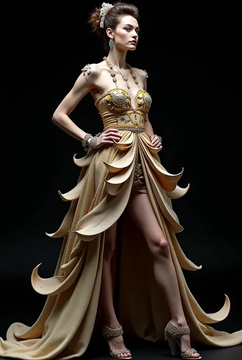 A model in a outfit with matching accessories inspired by the artistic style of Salvador Dali paintings with a black background. The dress is designed by Dali if he were a fashion designer 