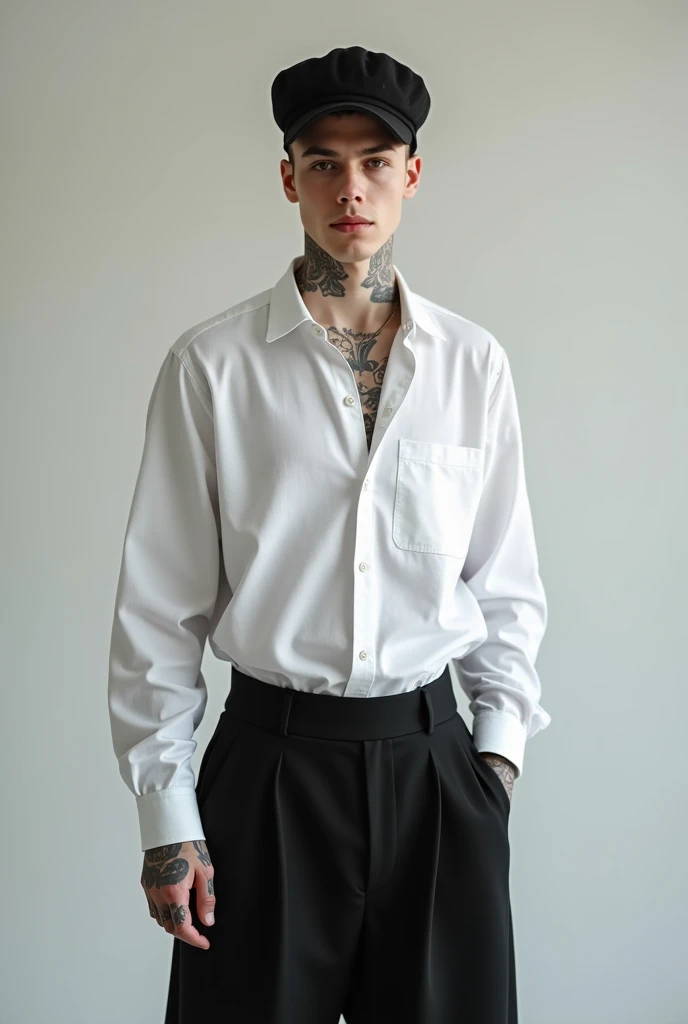  Young man short black hair white skin hand tattoos , wide black pants white shirt with a black cap  