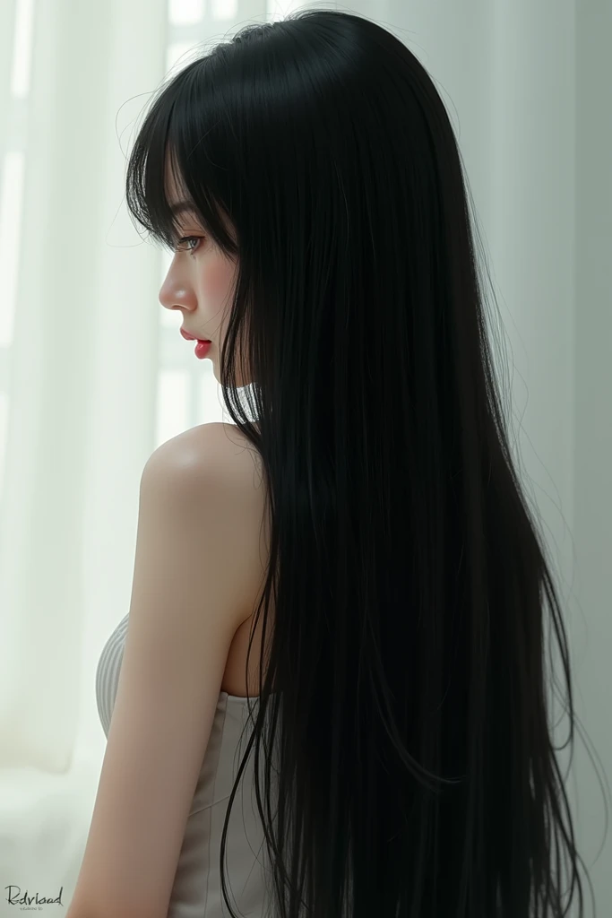 A girl from the back with long black hair, smooth and straight 