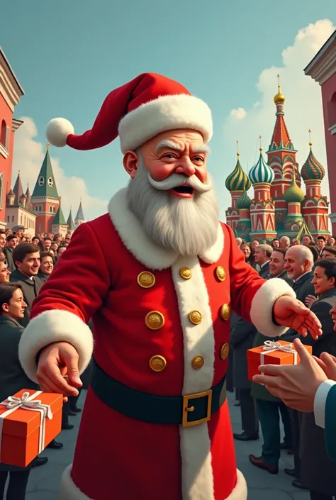 Generate a cartoony propaganda Vladimir Lenin that wears santa hat that gives presents to all the s in moscow