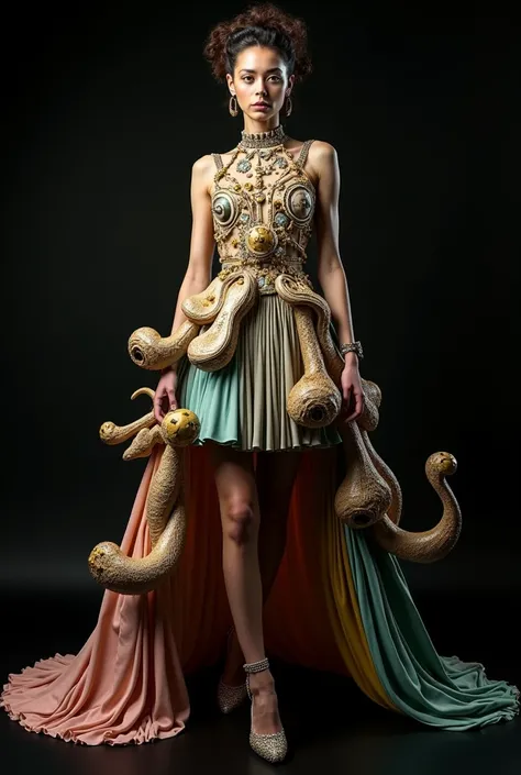 A model in a outfit with matching accessories inspired by the artistic style of Salvador Dali paintings with a black background. The dress is designed by Dali if he were a fashion designer 