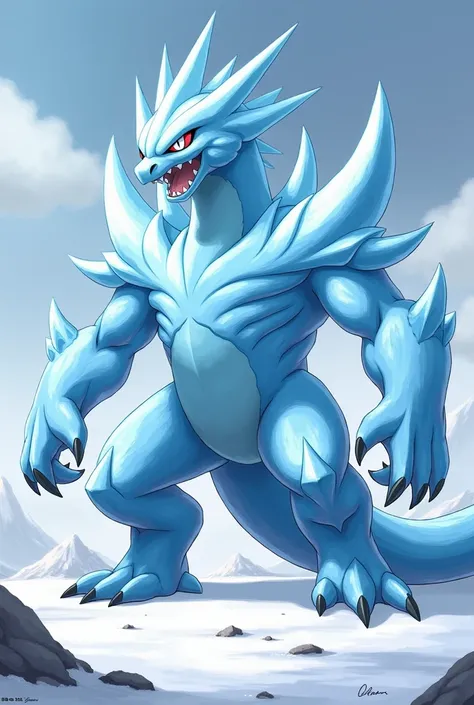  Create an ice-like Pokémon with incredible pain ,  with blue eyes,  a style like Charizard, looking angry  