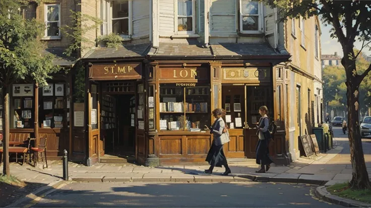 oil painting, town view of london common street, pub, houses, book store, post office, parked cars, day time , summer, people walking around,Impasto technique,