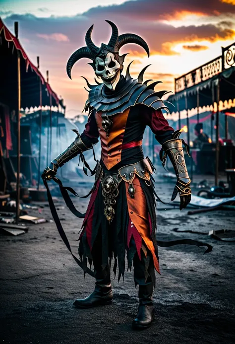 The Ashen Jester prowls the remnants of a carnival lost to time, a horrifying enigma draped in twisted theatricality. Its figure is completely masked by a smooth, porcelain faceplate cracked down the center, revealing nothing but a flickering orange glow w...