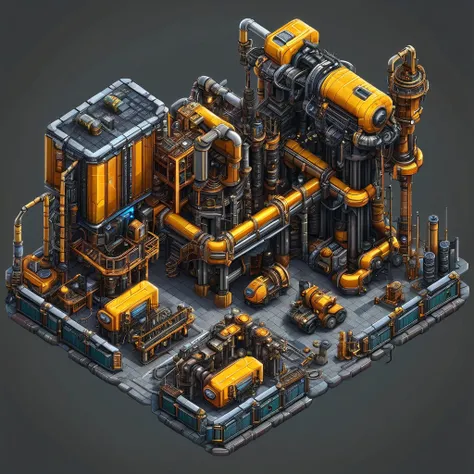 A highly detailed game art strictly in factorio style, an core mining drill, single building set against a transparent background, free from any distracting elements, showcasing the intricate machinery and pipes of the drill in a fascinating interplay of i...