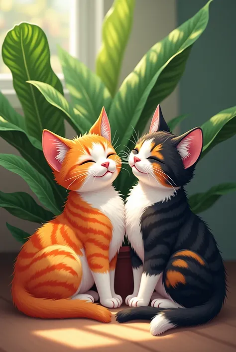 two colorful cats next to a plant