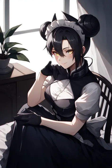 agent (girls frontline), gloves, smile, blush, long skirt, 1girl, Solo, AgentNormal,double bun,maid,sangvis ferri,yellow eyes, black hair, room, sitting on chair,  