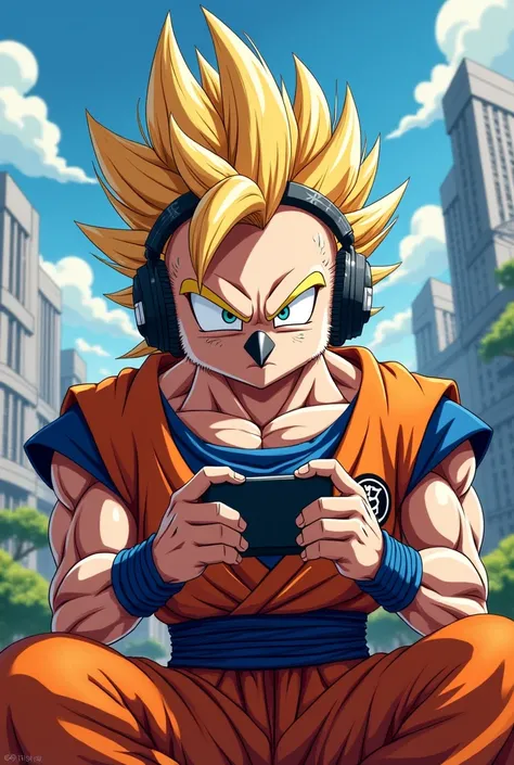 Owl x Goku wearing headphones and playing a mobile game