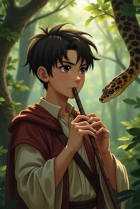  old boy,  short dark brown hair,  Black Eyes,  Anime medieval, calm expression, flute in hand, medieval forest, 2D, Spotted boa constrictor next door