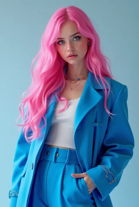 Girl whit pink hair and blue jacket and pants