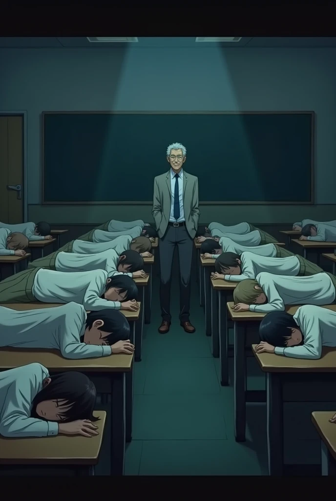  Japanese High School Student 。 All students sleep flat on their desks。Equal gender ratio 。classroom、During class、Geography class 。evening。Dark。The teacher is old 。