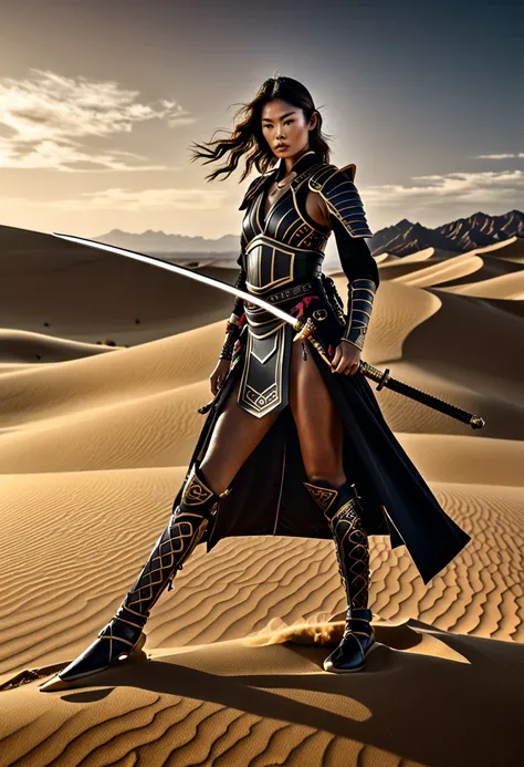 female samurai, victorias secret outfit, dune desert landscape, holding sword between legs, highly detailed, photorealistic, 8k, masterpiece, dramatic lighting, cinematic, dark fantasy, moody, chiaroscuro, dramatic shadows