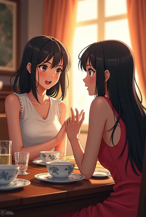 Anime image: two women talking in the dining room and one of them is surprised