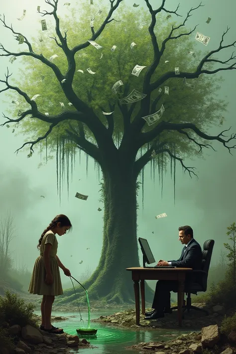 A tree with all the money sheets in a chaotic contaminated world with a girl drawing green water from a well in the contaminated ground and an elegantly dressed man at his desk watching his computer screen 