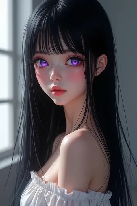 Make me a very beautiful girl with violet eyes and super straight hair, very black and long in the tail and that the girl is white