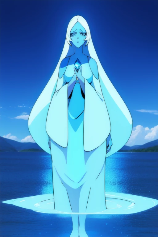 (8k) (high res) (best quality) (masterpiece) blue_diamond, white hair,long hair, blue skin,colored skin,  blue eyes, gem, blue dress, lake, blue cloaked, standing 