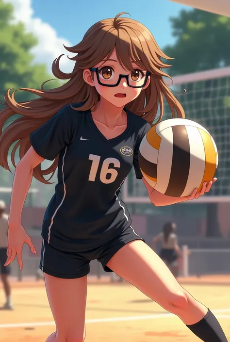  old girl, playing as a volleyball setter, with brown-blond long hair and dark brown eyes, with glasses with the number 16 and black suit 