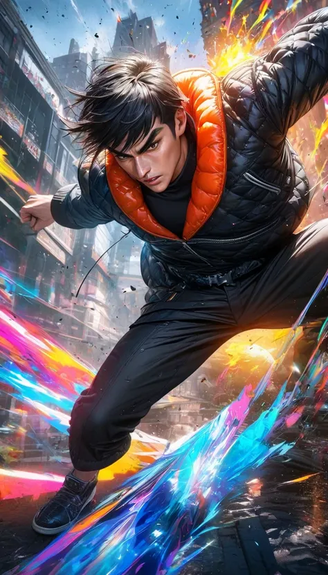  High quality, ultra realistic,absurdres, highres, ultra detailed, HDR, masterpiece, extremely detailed face and eyes,  long black haired ,, long black hair , cool jacket outfit, solo, ,cool youngman, handsome, ,,street fighter,   , Epic fight scene, cool ...