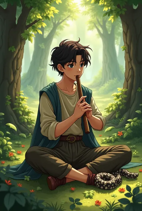 17-year-old boy ,  short dark brown hair,  Black Eyes,  Anime medieval, calm expression, flute in hand, medieval forest, 2D, Spotted boa constrictor next door