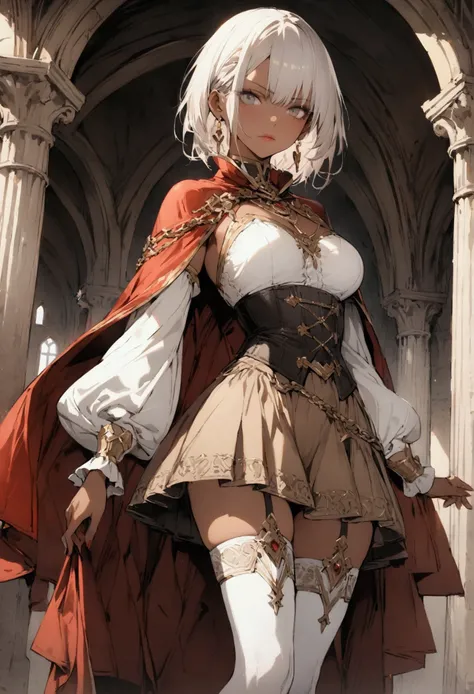 (masterpiece),(best quality),(ultra-detailed),(best illustration),(best shadow),(absurdres),(detailed background), 1girl, thighhighs, dark-skin, short-hair, cape, dark-skinned-female, high-heels, solo, white-hair, standing, jewelry, chain, pillar, stained-...