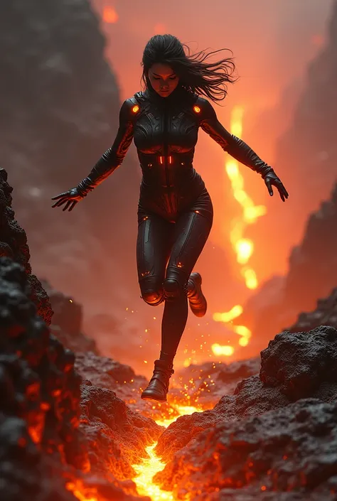 Crossing the Lava River
"She leaps from one obsidian stone to another over a river of molten lava. Her sleek exosuit glows faintly with fiery accents, and her athletic movements exude confidence. The intense heat waves blur the background of glowing lava s...