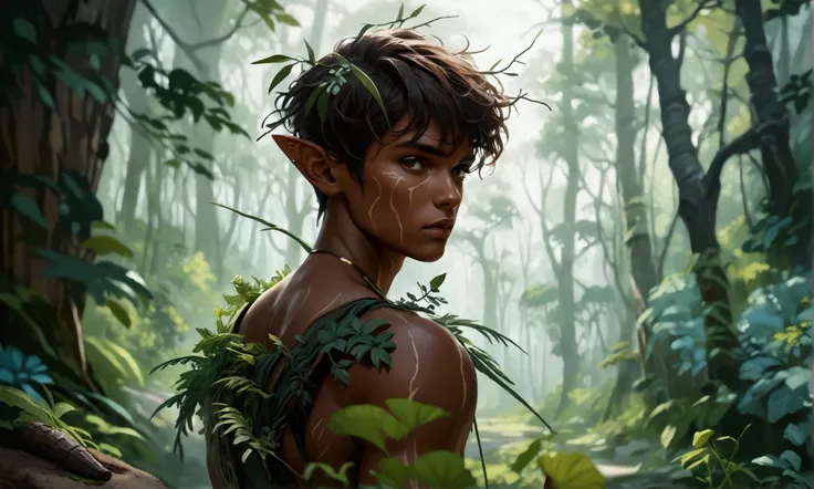 Young man, dark tan skin, pointed ear, white eye, slim and defined body, brown hair, native forest attire, forest background, ((Realistic fantasy character design)), ((Dramatic studio lighting)), ((Fine lines)), ((Stunning character focus)), ((Highly detai...