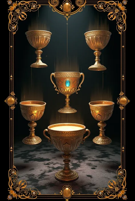 tarot card, seven of cups, seven cups floating, 8k realism, black card with gold writing seven of cups