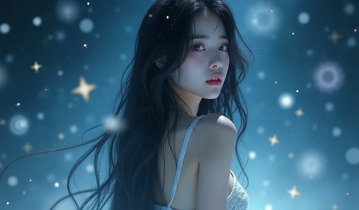 A realistic photo of a beautiful korean girl, in a starry ethereal world, very long hair, she has short dress, dark, big boobs, looking around, her eyelashes are white and hair, hair is very long, her legs are slim, body fit and slim,, floating, glowing fa...